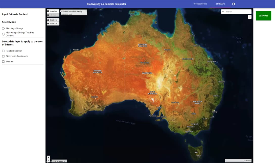 The LOOC-B biodiversity co-benefits calculator: estimate options beside a satellite map of Australia.